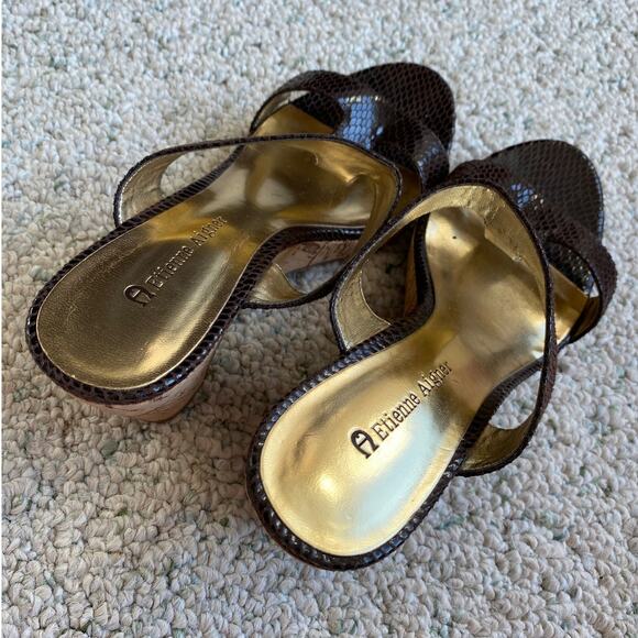 Etienne Aigner US 6.5M sandals cork wedgie heels slides brown snakeskin shoes - Picture 5 of 8